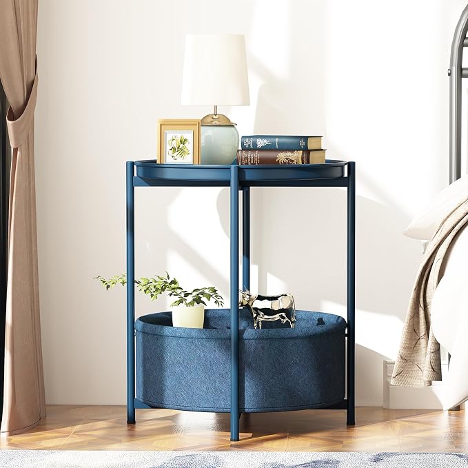 Garden 4 you Side Table with Fabric Storage Basket, Round Metal End Table, Small Bedside Table Nightstand with Removable Tray, for Nursery, Living Room, Bedroom, Bathroom, Blue