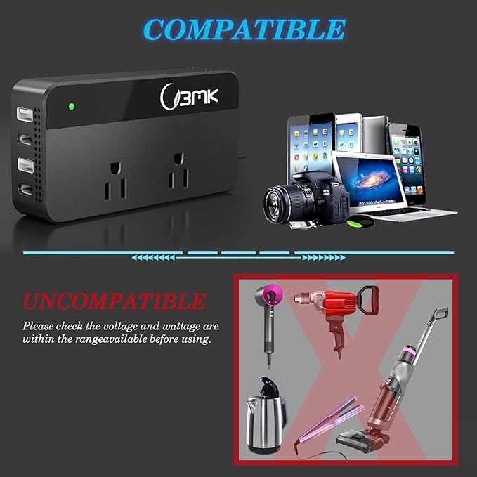 200W Car Power Inverter 12V DC to 110V AC Converter with 2 AC Outlets & 4 USB Ports, Dual QC3.0 + 2 USB-C PD 18W, Cigarette Lighter Plug Adapter for Laptop Tablet Road Trip
