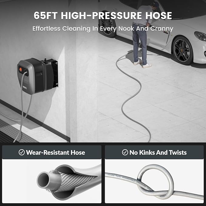 Giraffe Tools Pressure Washer Pivoting Coupler, 7 Angles Gutter Cleaner Attachment and Grandfalls Pressure Washer G20 Pro, 2500 PSI 2.2 GPM, 180° Wall Mount, Auto-Retract with 65FT Hose