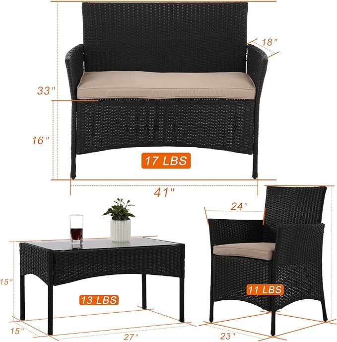 HCY Patio Furniture Set,4 Pieces Outdoor Couch Patio Dining Conversation Set,Rattan Chairs Wicker Sofa with Tempered Glass Table for Porch,Backyard,Lawn,Pool(Black)