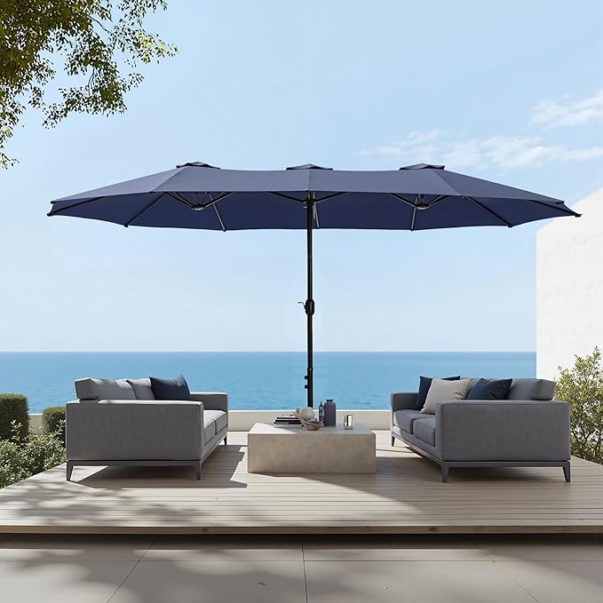 Sophia & William 15 ft Extra Large Patio Umbrella with Base Included, Rectangular Outdoor Umbrella Heavy Duty, Market Umbrella Double-sided Fade Resistant for Pool Garden Backyard, Navy Blue