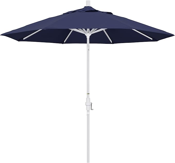 California Umbrella 9' Round Aluminum Market Umbrella, Crank Lift, Collar Tilt, White Pole, Navy Blue Olefin