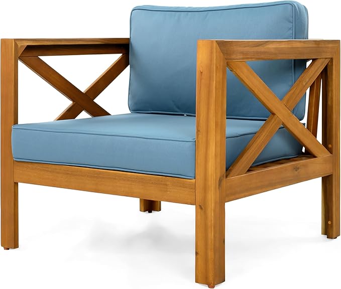 Christopher Knight Home Lucy Acacia Wood Outdoor Patio Furniture Set, 3 Pieces Patio Set, Round Side Table and ArmChairs Conversation Set with Cushion for Garden Lawn Balcony, Blue + Light Teak