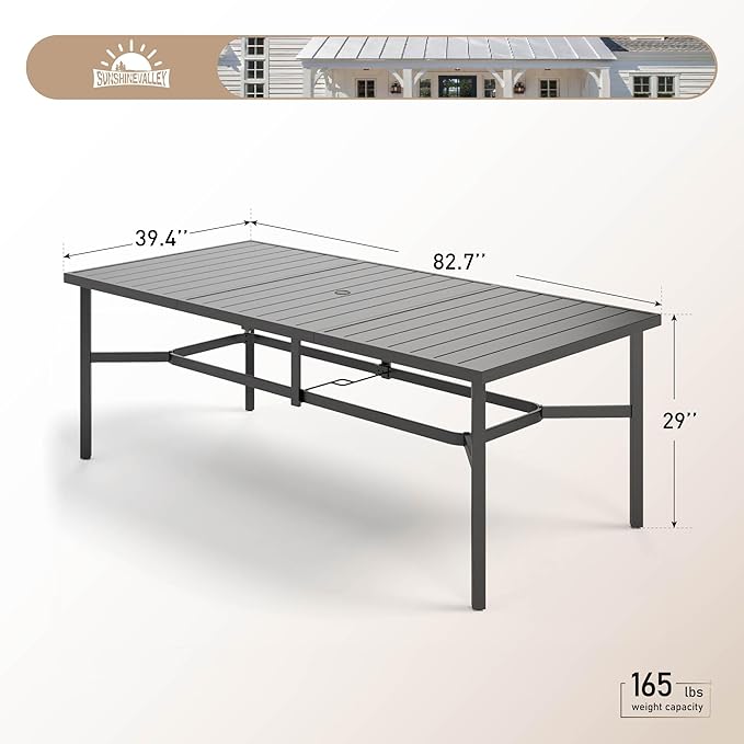 SUNSHINE VALLEY 83" Patio Table for 8,Large Rectangle Patio Dining Table with Umbrella Hole,E-Coating and Powder Coating Steel Frame Metal Outdoor Patio Table for Garden Backyard Lawn Yard