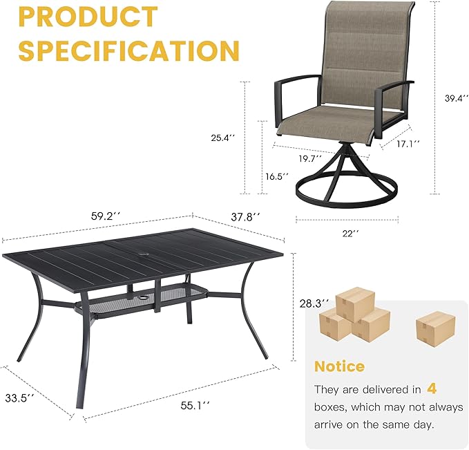 VICLLAX 7 Pieces Patio Dining Set for 6-59" Rectangle Patio Table and 6 Outdoor Swivel Padded Chairs, Black Tabletop and Mixed Brown Fabric