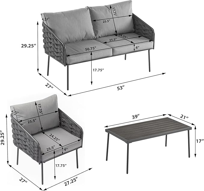 Christopher Knight Home Lena Patio Conversation Set, Rope Woven Club Chairs and Loveseat, Metal Frame Armchair, Slat Panel Coffee Table, Accent Table and Chair Set for Backyard Garden Poolside, Gray