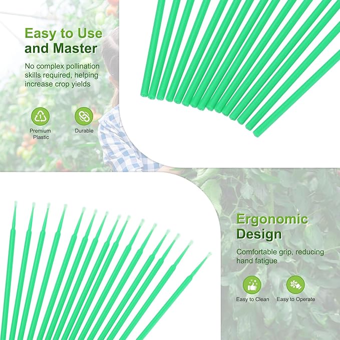 M METERXITY 100-Pack Pollinator Brush, 0.08inch/2mm Plastic Vegetable Pollinator Pen Manual Pollination Tool for Gardening/Greenhouse/Hydroponic Plants/Flower [Light Green]
