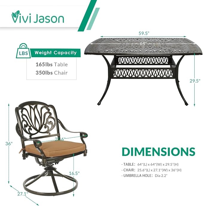 VIVIJASON 9-Piece Outdoor Furniture Dining Set for 8, All-Weather Cast Aluminum Patio Table and Chairs Set with 8 Swivel Rocker Chairs, 64" Large Square Dining Table with 2.2" Umbrella Hole, Khaki