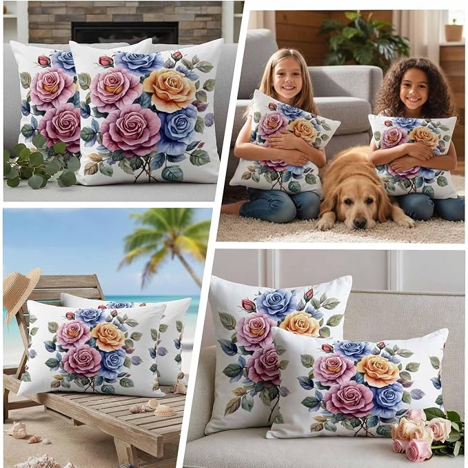 Spring Rose Outdoor Waterproof Throw Pillow Covers Set of 2, 20"x20", Botanical Watercolor Pink Orange Blue Flower Leaf Decorative Pillow Covers Outside Cushion Case for Patio Porch Garden