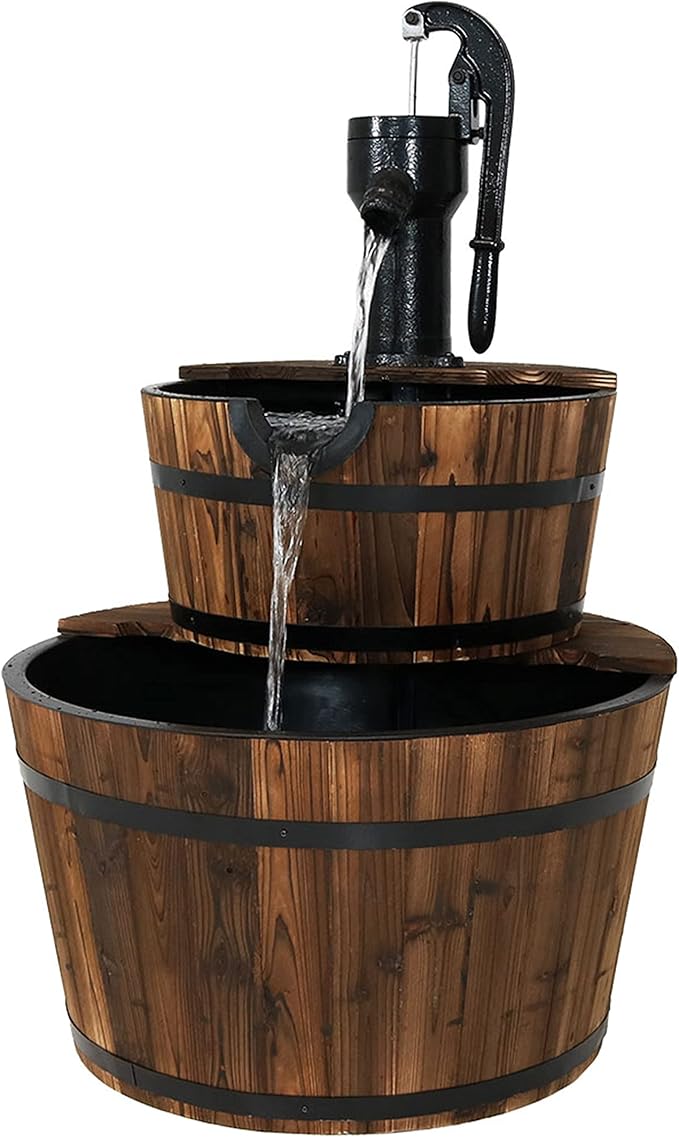 Sunnydaze 2-Tier Wood Barrel Water Fountain - 34-Inch Vintage Water Pump Fountain with Submersible Pump - for Garden, Patio, Decks