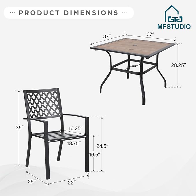 MFSTUDIO Patio Table and Chairs Set of 4, Outdoor Dining Set for 4 with Umbrella Hole, Metal Patio Furniture Set for Deck/Backyard/Poolside/Garden