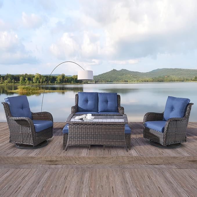 Rilyson 6 Piece Outdoor Patio Furniture Set - Rattan Wicker Patio Conversation Sets with 2 Swivel Rocker Chairs,2 Ottomans,1 Loveseat and 1 Coffee Table for Outside Porch Deck Backyard(Brown/Blue)