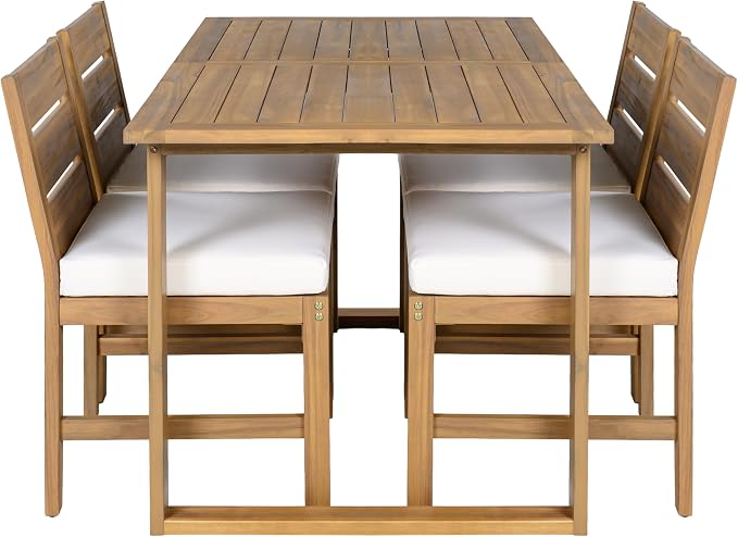 VilroCaz 5-Piece Outdoor Patio Dining Set with Adjustable Legs, Acacia Wood Rectangle Dinning Table and 4 Chairs& Cushions, All-Weather Dining Set for Garden Backyard Lawn (Natural+Beige)