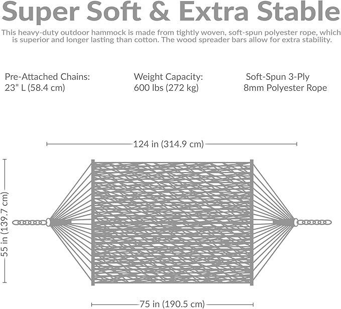 Sunnydaze Soft-Spun Polyester Rope Double Hammock for Outside - 600-Pound Weight Capacity Extra Large Hammock - Tan