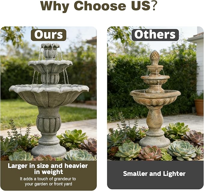 Naturefalls 39.5" Water Fountain Outdoor - Large Waterfall Fountain Outside, 3-Tiers Cascading, Fiber Reinforced Concrete, Indoor and Outdoor Fountain for Garden, Patio, Backyard, Lawn, Yard Decor