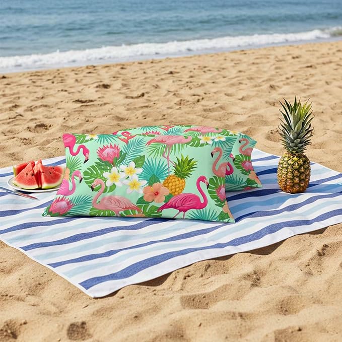 Pink Flamingos Outdoor Pillow Covers 20"x12" Set of 2, Tropical Palm Leaf Hibiscus Flower Green Plant Waterproof Throw Pillow Covers for Patio Furniture, Decorative Cushion Covers for Porch