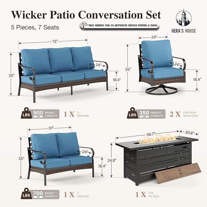 HERA'S HOUSE 5 Piece Metal Patio Furniture Set with 56" Fire Pit Table, All Weather Outdoor Conversation Set, 3 Seat Sofa with Loveseat, 2 Swivel Chairs, Seats 7 for Backyard, Garden, Navy Blue