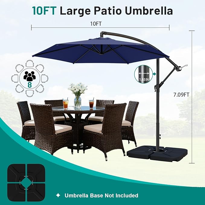 AreShark 10FT Patio Outdoor Umbrella, Offset Patio Umbrella Cantilever Umbrella, 6 Sturdy Ribs, Easy Adjustment for Garden Market Pool with Cross Base (Navy)