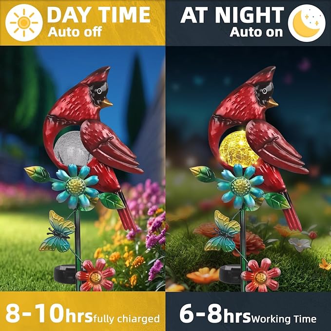 Caridnal Decor Solar Garden Stakes Outdoor Decorative Waterproof 2 Pack Metal Garden Sculpture Cardinal Solar Lights for Outside Lawn Yard Patio Cemetery Red Bird Gardening Gifts for Women