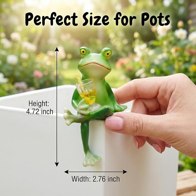 Sherum Tipsy Frog Pot Hugger - 3 Inch Miniature Frog Figurines, Waterproof Garden Decor Outdoor Statue for Flower Pots & Yard, Frog Planter Hugger（Sit Down）