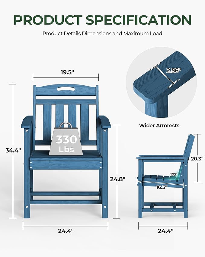 Outdoor Patio Dining, All-Weather HDPE Chair Fade-Resistant, and Low Maintenance for Backyard, Garden, or Patio, Navy Blue
