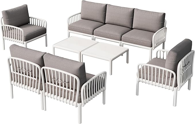 Christopher Knight Home Landon 5 Pieces Patio Conversation Set, 3 Seater Sofa with Coffee Table, Couch and Club Chair, Thick Cushion Armchair, Outdoor Conversation Set for Gathering, White+Light Gray