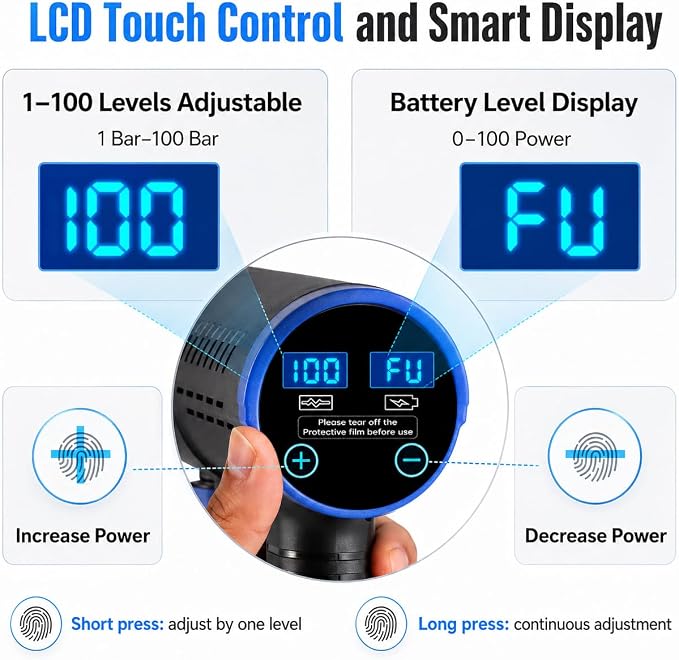 Cordless Portable Cleaning Tools, Brushless Portable Power Machine with LCD Display,100 Levels Adjustable,2×21VRechargeable Batteries 6-in-1 Nozzle Sprayer for Car,Patio,RV,Fence & Yard Cleaning