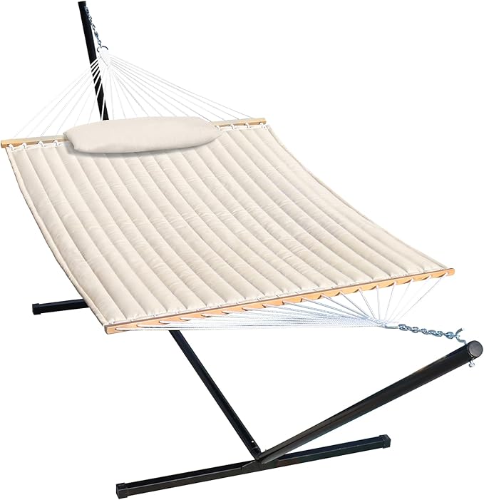 Lazy Daze Hammocks Double Quilted Hammock with Stand for Outside, 15 FT Heavy Duty Steel Stand, 2 Person Hammock for Porch Patio Garden Backyard, Max 450 lbs Capacity, Cream