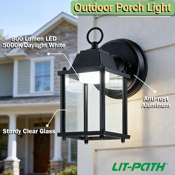 Outdoor Wall Light Fixture, Rustproof Aluminum, Clear Glass, LED | Exterior Porch Light Wall Sconce Lantern for House, Patio, Garage, Waterproof Anti-rust, 9.5W 800 Lumen, 5000K, Black, 1 Pack