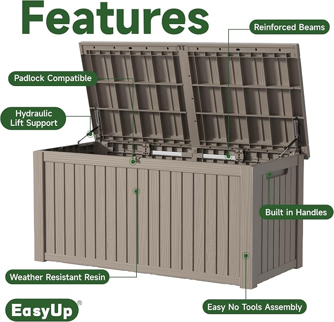 EasyUp 181 Gallon Outdoor Storage Box Waterproof, UV Resistant Resin Deck Box with Hydraulic Rod, Reinforced Stability for Patio, Garden, and Pool, Striped Gray