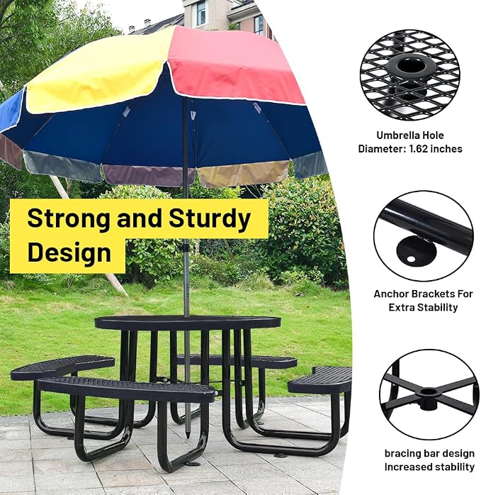 46" Thermoplastic Picnic Table with Umbrella Hole up to 1.5", Heavy Duty Commercial Picnic Table for Outdoor, Family & Party Ready for School Camping, Round, Black