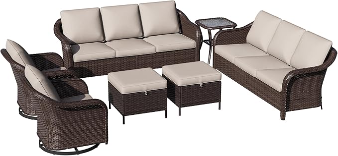 7 Piece Patio Wicker Conversation Set, 2 All-Weather Use Outdoor Wicker Sofa with 2 PE Rattan Ottomans,2 Swivel Chair, 1 Side Table, Ideal for Porch, Backyard, Balcony, Poolside, Beige
