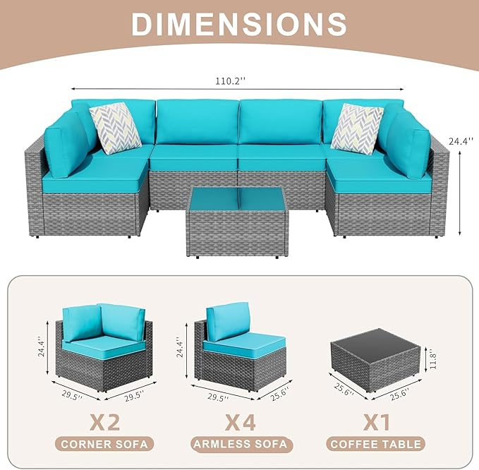 JAMFLY 7-Piece Outdoor Patio Furniture Set, Modular PE Rattan Sectional Sofa with Thick Cushions & Glass Coffee Table, Weather-Resistant Wicker Conversation Set for Poolside, Balcony, Garden, Blue