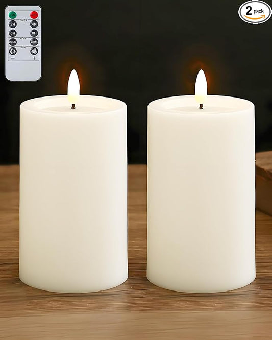 Gmnee 3"x4" Outdoor Waterproof Flameless Candles with Remote and Timers, LED Candles, Battery Operated Candles, Electric Fake Pillar Candles for Patio, Porch, and Lanterns Decor (White, Plastic)