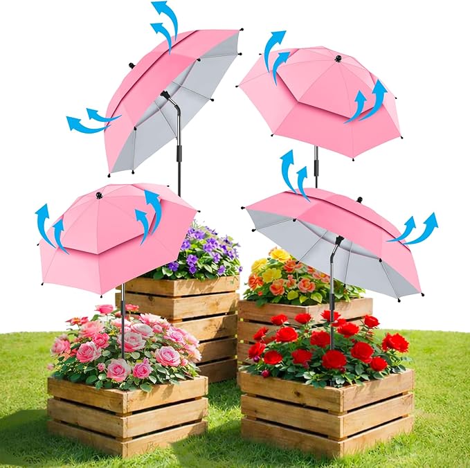 4 Pack 24.9" Double Canopy 47.2" Height Plant Umbrellas for Outdoor Plants, 3D Stakes 360° Adjustable Plant Shades for Outdoor Plants, Garden