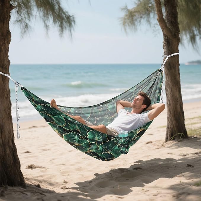Camping Hammock Outdoor Hammocks for Outside Green Ginkgo Leaves Beach Trees Portable Lightweight with Pockets Tree Straps Indoor