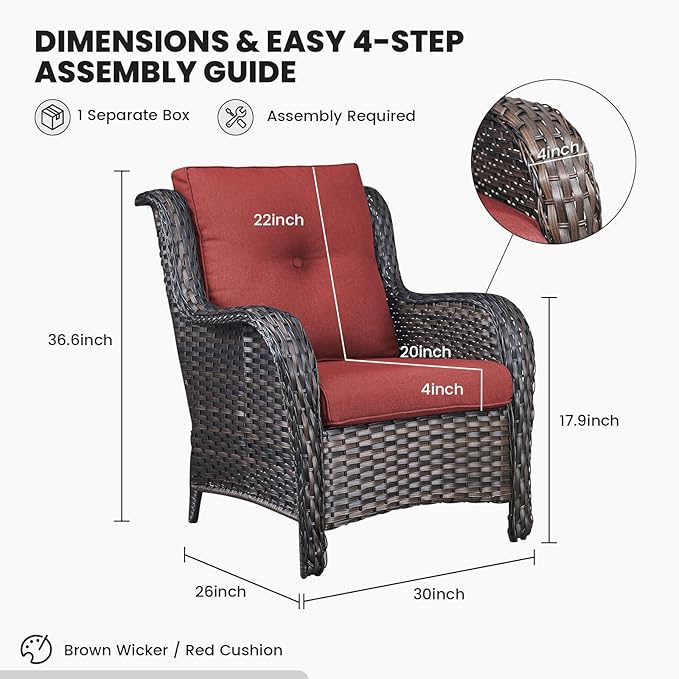 Belord High Back Patio Chairs Set of 2 - Brown Wicker Outdoor Seating, 4" Wide Armrests Rattan Outdoor Club Chairs with Red Removable Cushion for Deck Porch Backyard