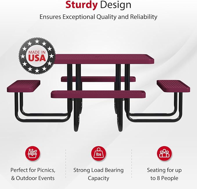 Leisure Craft Metal Picnic Table with Bench - 46" Square Outdoor Dining Table for 8 with Umbrella Hole, Weatherproof Heavy Duty Thermoplastic Coating, Commercial Grade Furniture Made in USA - Burgundy