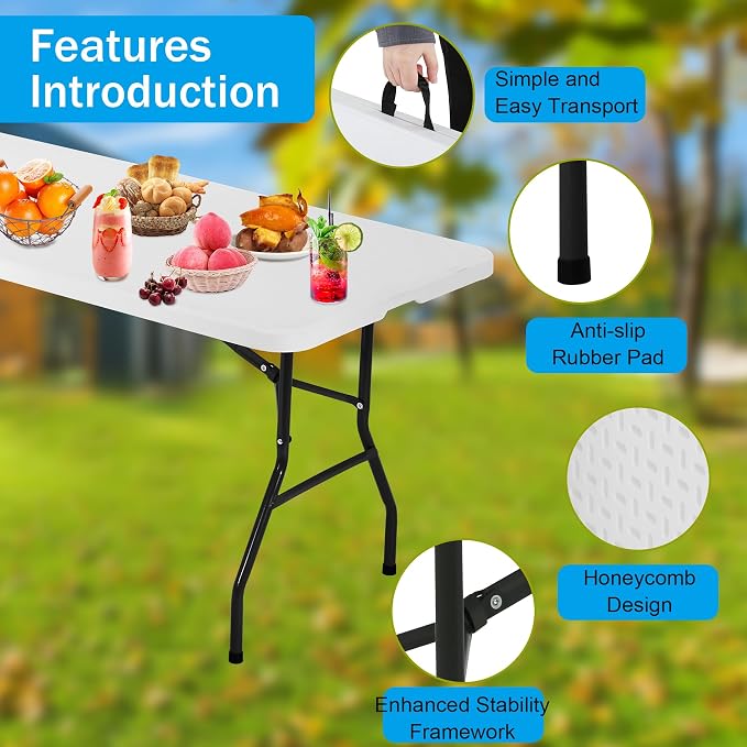 Portable Folding Table 6ft Heavy Duty Plastic Foldable Table with Carrying Handle Outdoor Indoor Plastic Dining Table for Camping and Party Picnic, White