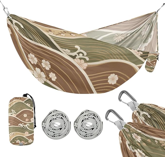 Brownish Green Japanese Retro Pattern 330lb Capacity Camping Hammock Hanging Hammock for Camping & Hiking Essential Silla colgante para Patio Exterior