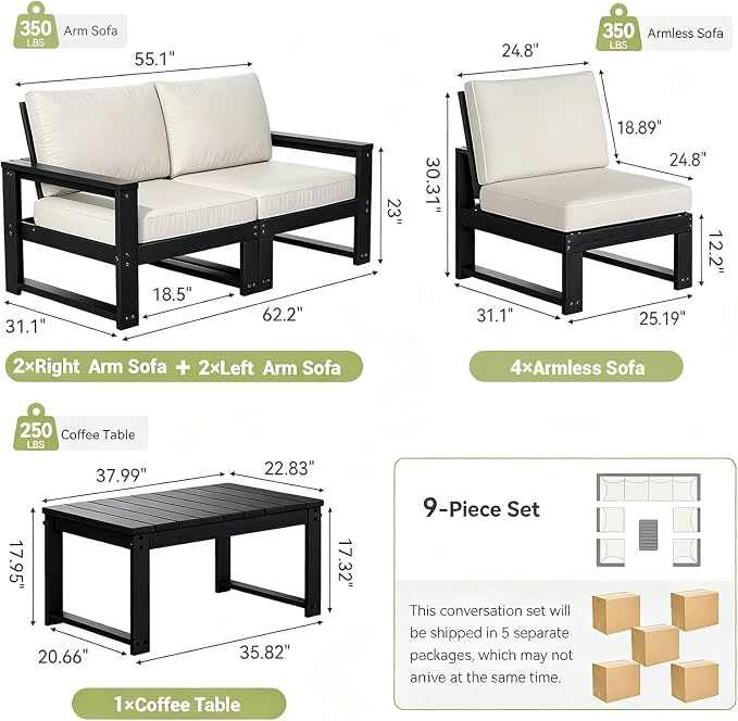 9-Piece Patio Furniture Set,HDPE Outdoor Furniture with Coffee Table,Outdoor Couch Sets with Cushions,Patio Sectional Sofas for Porch,Backyard,Deck,Black