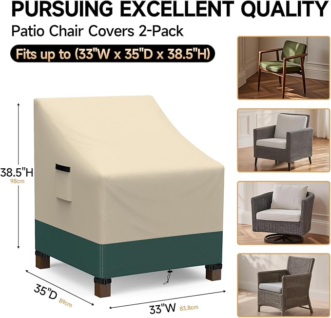 Patio Chair Covers Waterproof 2 Pack - Outdoor Furniture Covers with Waterproof Strip and Air Vent - Heavy Duty Lawn Lounge Chair Cover (Beige&Green, 33" Wx 35" Dx 38.5" H)