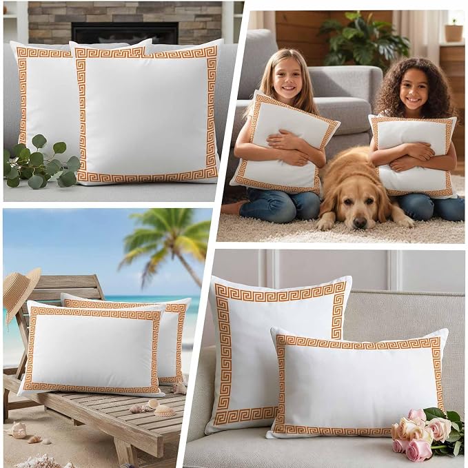 Outdoor Pillow Covers Set of 2, Abstract Greek Inspired Art Decorative Throw Pillow Covers 20X12IN, Orange Twist Line Key Pattern Throw Pillows Protector Cushion Case for Patio,Couch,Sofa,Garden