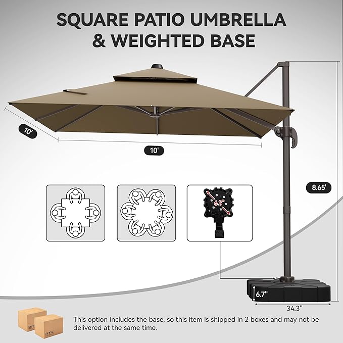 GENTEACO 10X10 FT Cantilever Umbrella with Base Included, Large Offset Patio Umbrella with Double Top, 6 Angle Tilts & 360° Rotation, Large Square Sun Umbrellas for Outdoor Pool Market, Tan