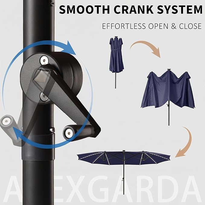 15FT Large Double Sided Patio Umbrella, Fade Resistant Outdoor Umbrellas with Fiberglass Ribs, Solar Panel, LED Lights & USB Charging, Rectangular Market Umbrella with Aluminum Crank for Garden, Party, Lawn, Poolside, Backyard, Navy Blue