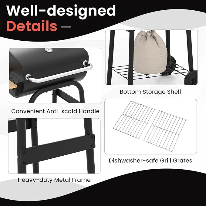 Happygrill Barrel Charcoal Grill, Outdoor BBQ Smoker Grill w/Foldable Side Table, Built-in Thermometer, Storage Shelf, Adjustable Air Vent, Portable Barbecue Grills w/Wheels for Camping & Picnic