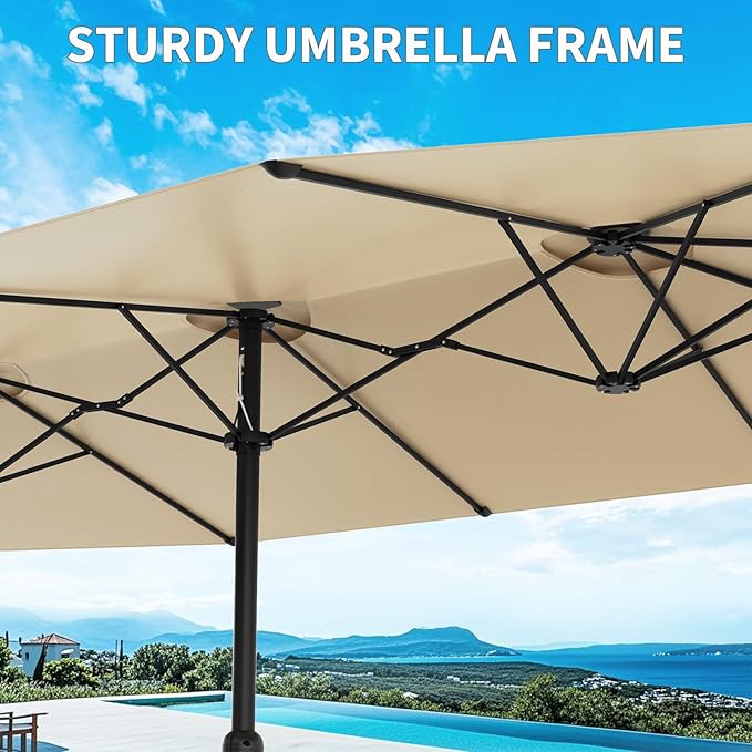 15 ft Umbrella Outdoor Patio with Base, Double-Sided Rectangular Outdoor Shade,UV & Fade-Resistant Polyester, Easy Crank Lift,Waterproof Market Umbrella for Pool, Garden, Backyard