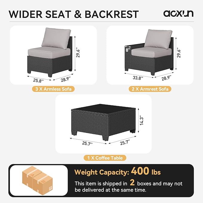 Aoxun 6 Piece Wicker Sectional Set with 4 Inch Cushion, Wide Armrests and Waterproof Cover for Backyard