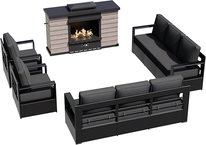 Outdoor Aluminum Furniture Set, 5-Piece Patio Conversation Set, 2 Swivel Chairs, 2 Sofa and 1 Fireplace, All-Weather Metal Frame, 6" Thick Removable Cushions, Deep Setting for Garden and Porch