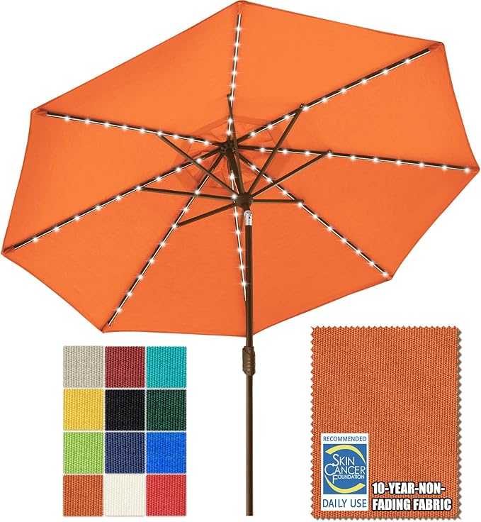EliteShade USA 10-Year-Non-Fading 9ft Market Patio Umbrella, Commercial Grade Table Sun Umbrella with 80 Solar LED Lights, Crank Open, Windproof & UPF 50+ UV Protection for Garden, Deck, Pool, Backyard, Rust